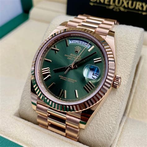 rolex day date 40 rose gold green face|platinum day date 40 price.